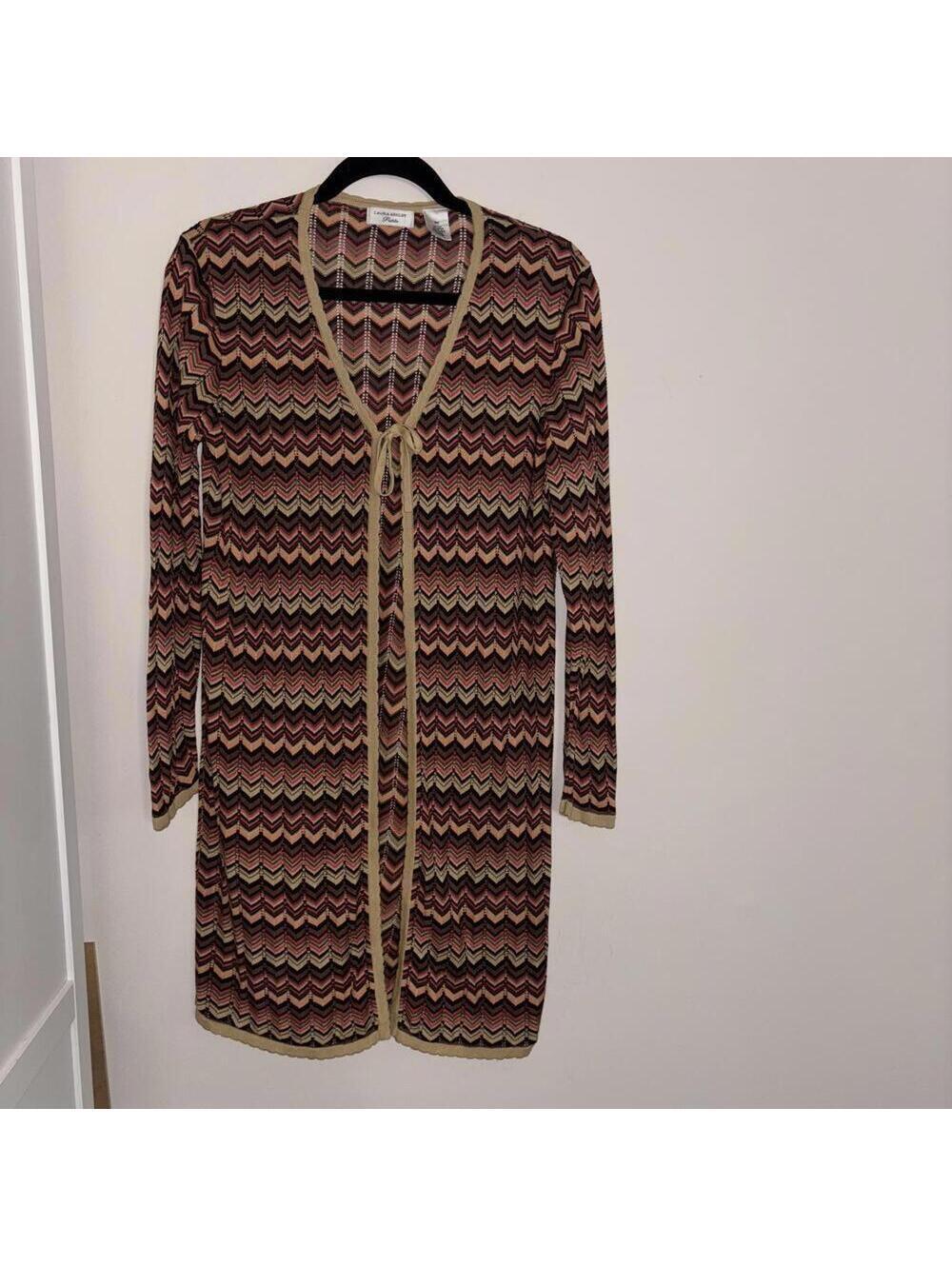 Vintage Laura Ashley Petites Silk Blend Chevron Open Front Cardigan Duster